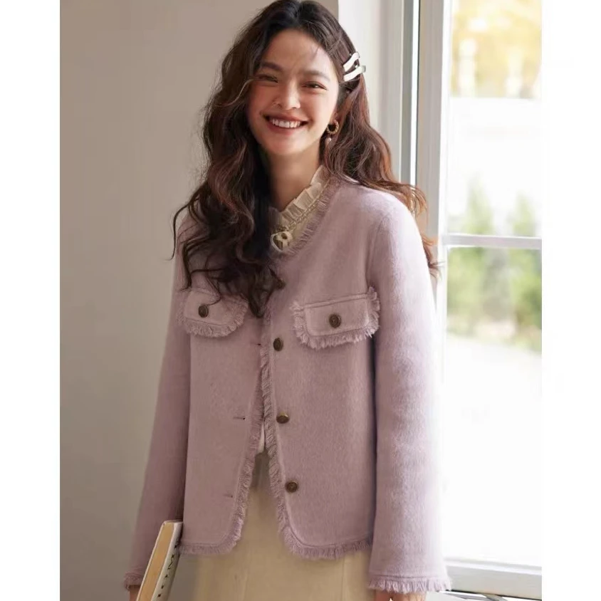 【现货品牌新款】双面羊毛大衣女士韩版流苏款小香风毛呢外套