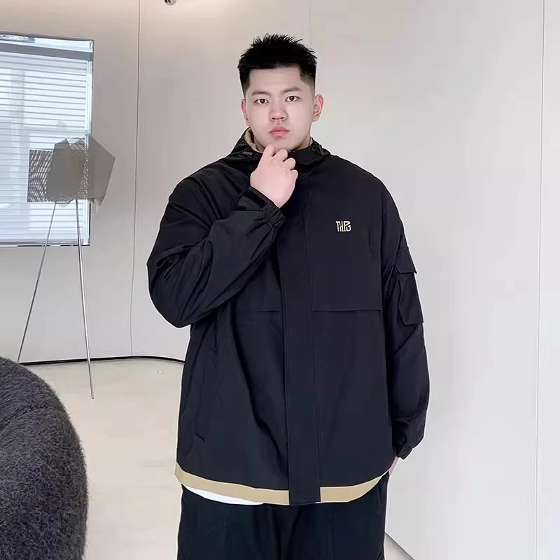潮牌大码新款男装胖子秋冬加肥加大宽松拼接连帽休闲夹克长袖外套
