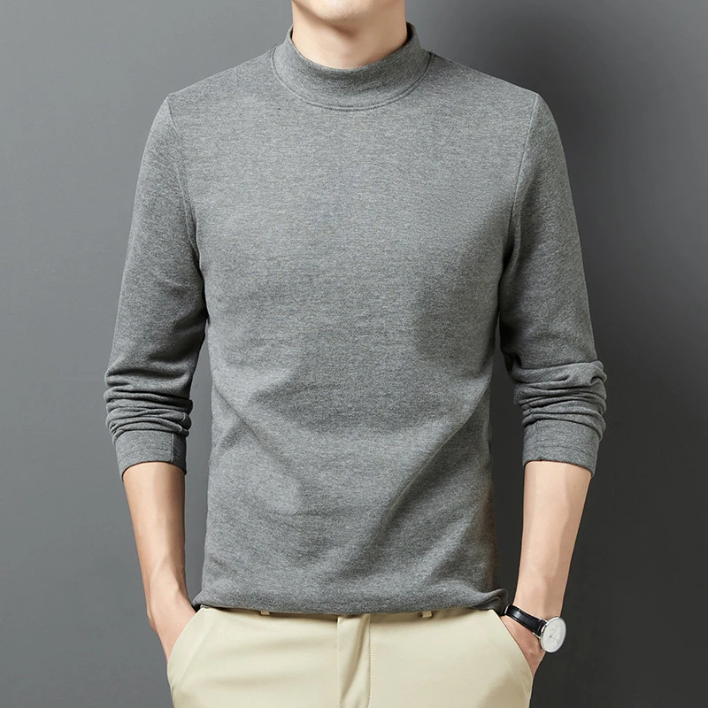 纯棉280克重磅磨毛保暖长袖上衣t恤男秋冬新款半高领男士百搭打底