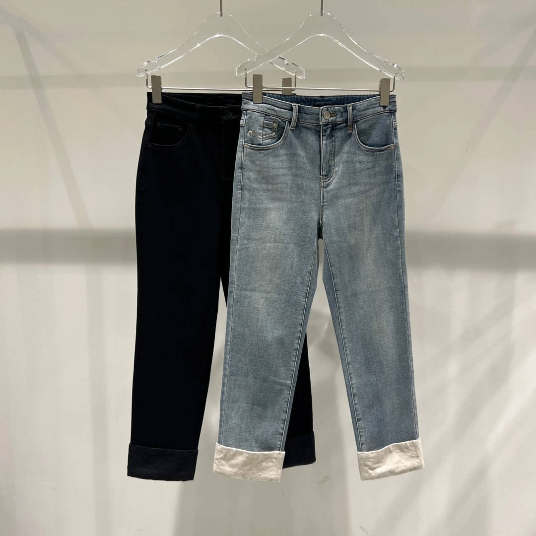 秋冬季艾家同款加绒直筒水洗牛仔裤翻边裤子3202