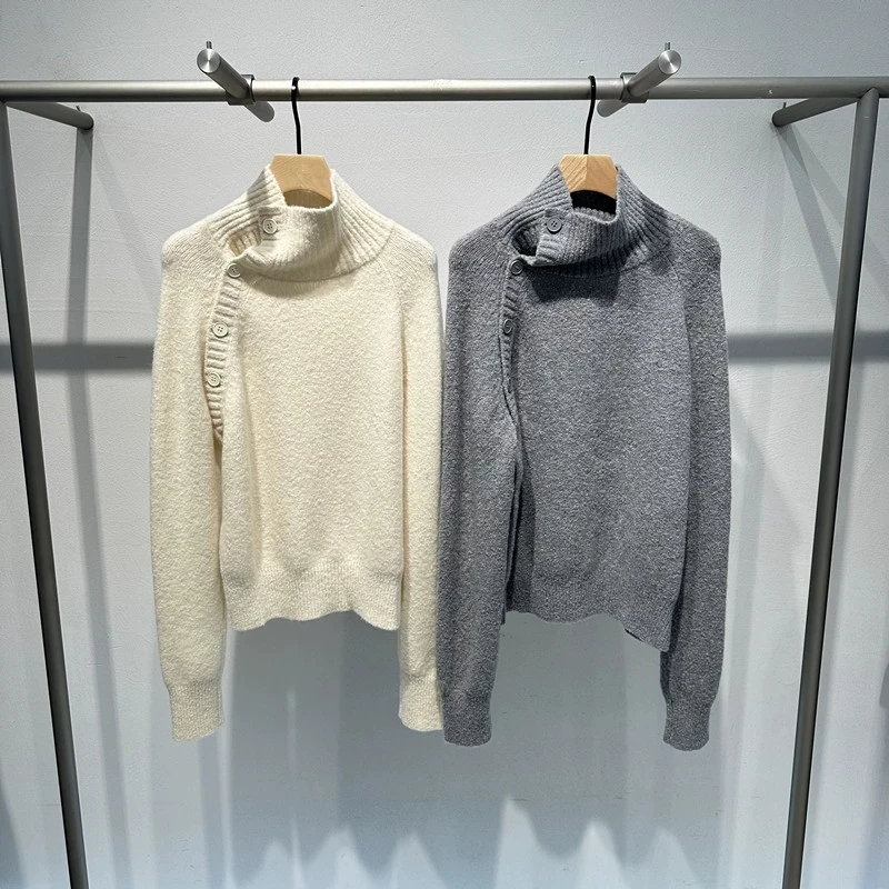 冬季艾家同款侧扣子设计师款女装针织衫毛衣8063
