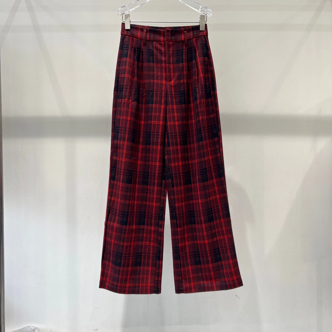 秋季艾家同款经典复古红黑格休闲直筒阔腿裤3087