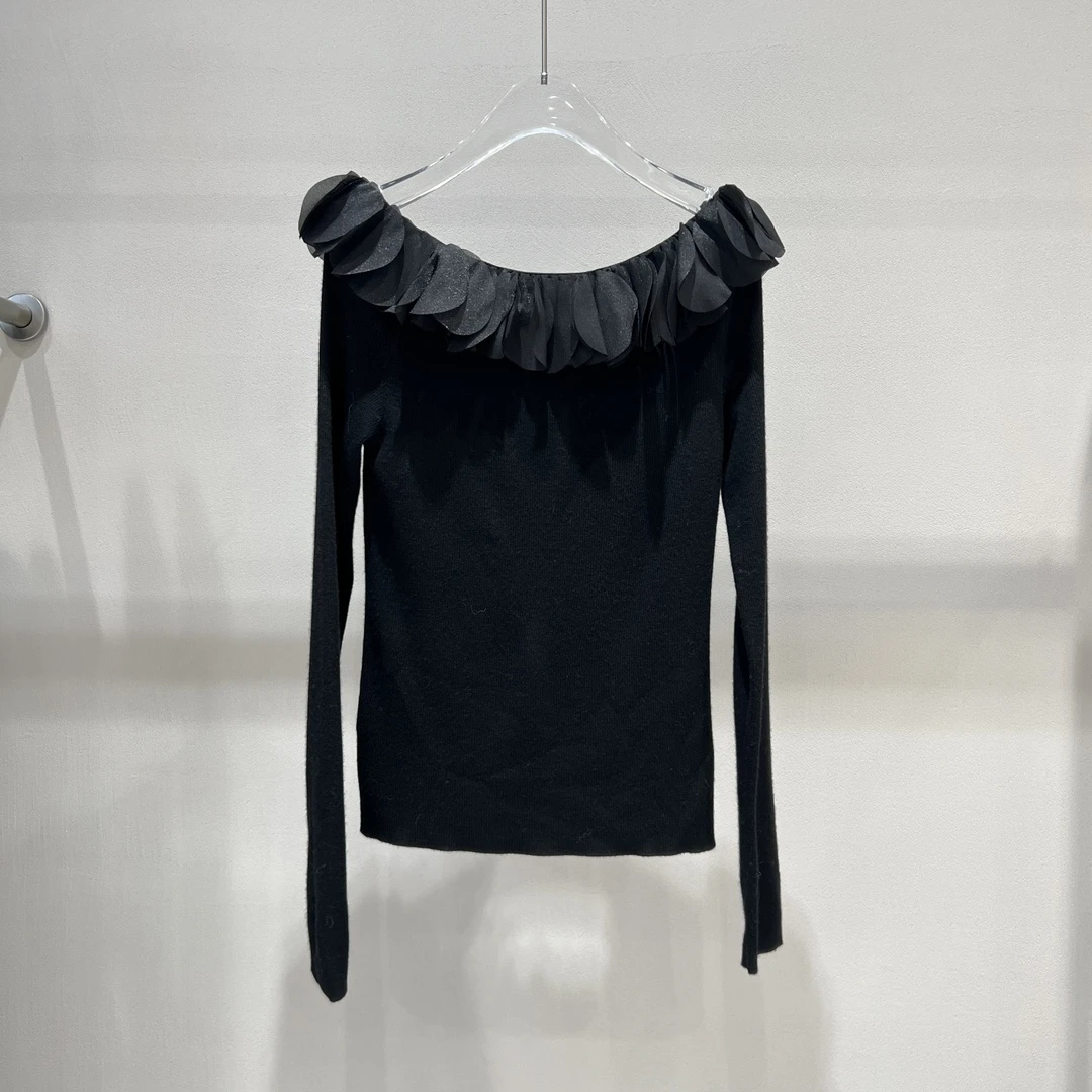 秋冬季艾家同款花瓣领一字肩毛衣女装针织衫8067