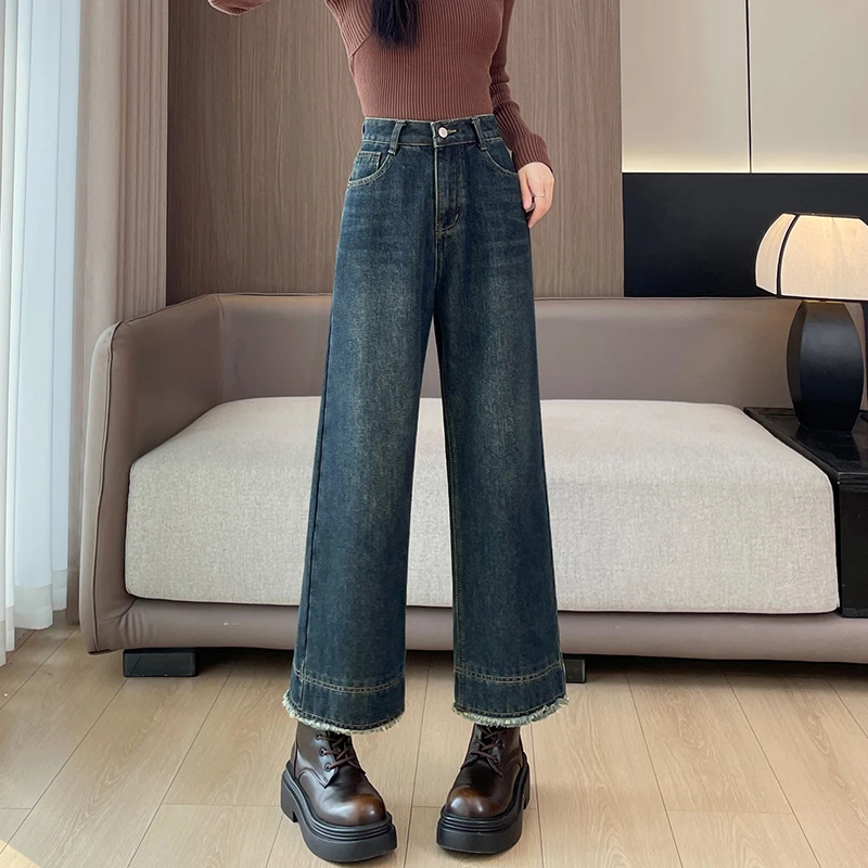 复古牛仔裤女秋冬季高腰直筒加绒加厚宽松显瘦小个子九分阔腿裤子