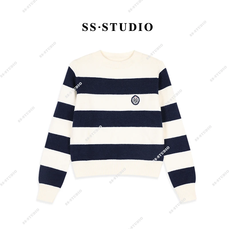 【SUSU】秋冬条纹撞色宽松圆领套头毛衣百搭针织长袖SS-3202