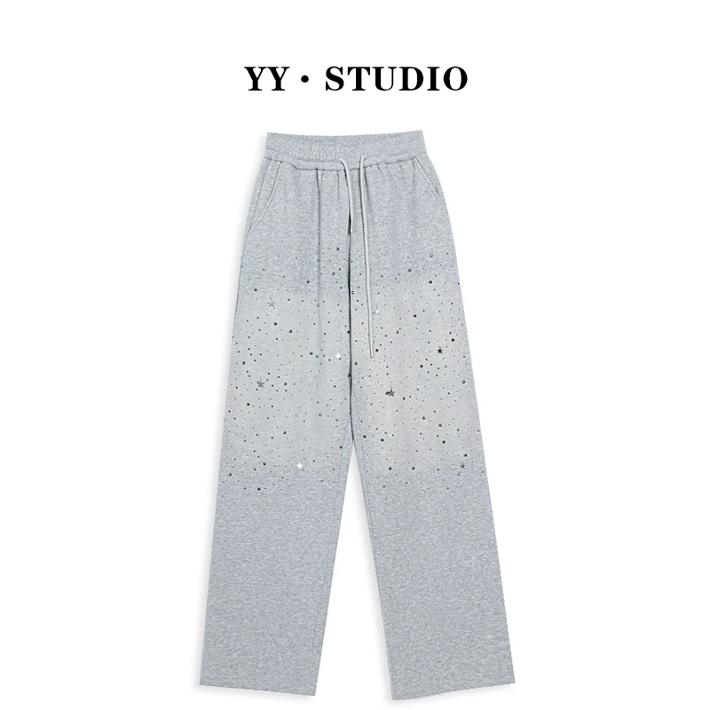 【不加绒】早秋款时尚休闲卫裤百搭宽松长裤灰色印花YY-8406