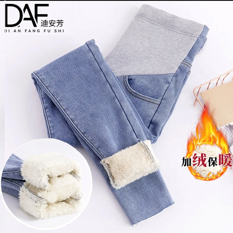 孕妇高弹力牛仔裤秋冬季加绒保暖时尚牛仔小脚裤铅笔裤托腹裤外穿