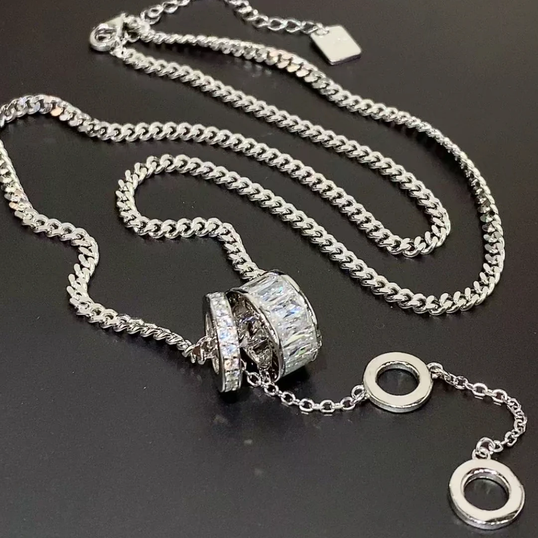 坠链均925银合成锆石 时尚个性双锆石路路通坦克项链48cm