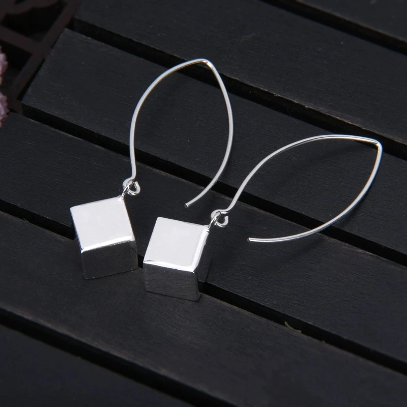 925银耳饰 耳坠个性百搭立体四方来财耳挂