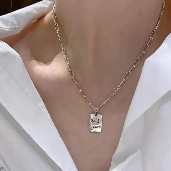 坠链均925银 大气百搭好运字母方牌项链48cm