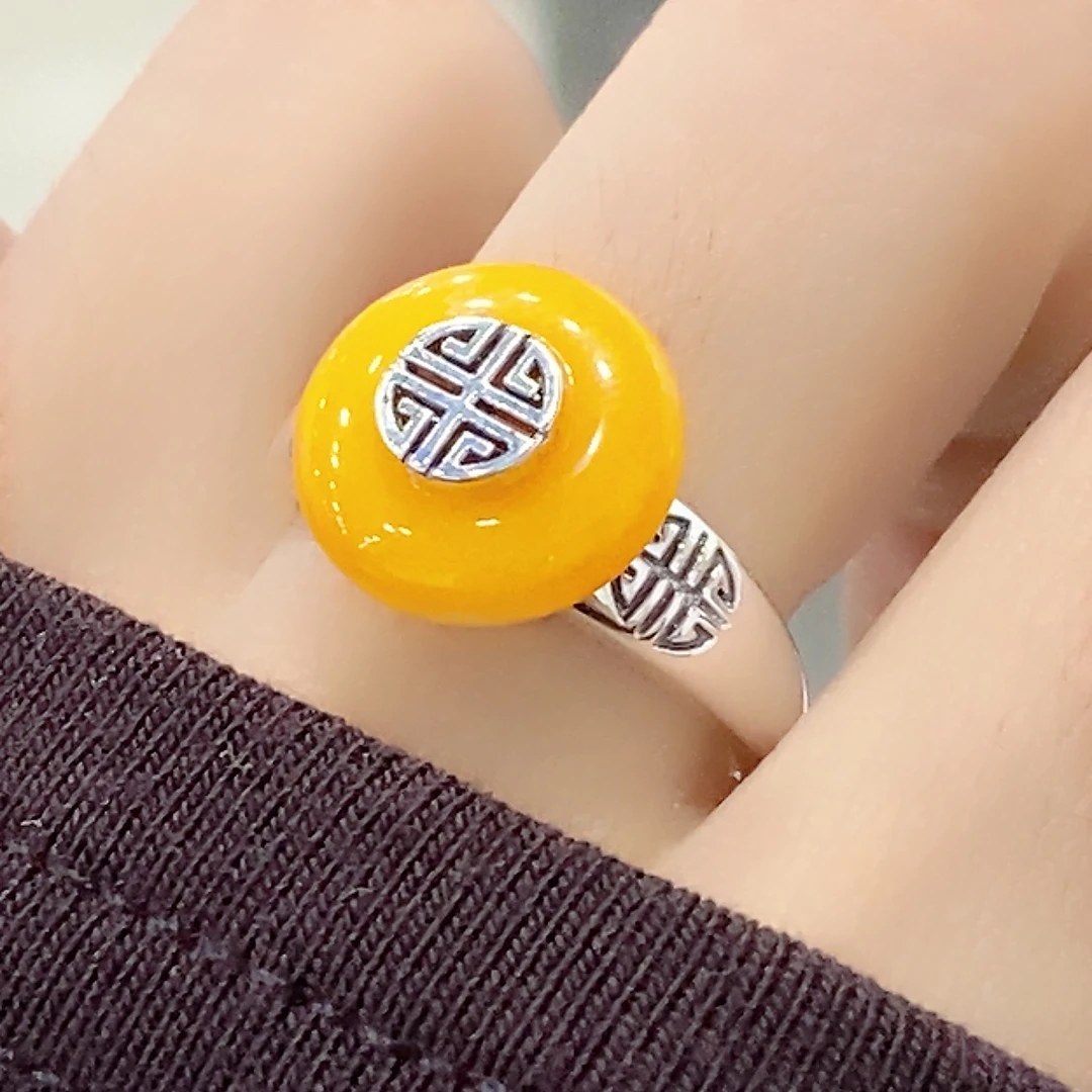 复古国风吉祥平安扣蜜蜡戒指