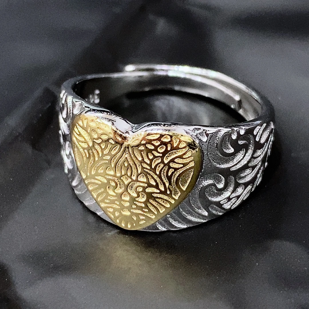 925银戒指 个性唐草纹金色大桃心戒指