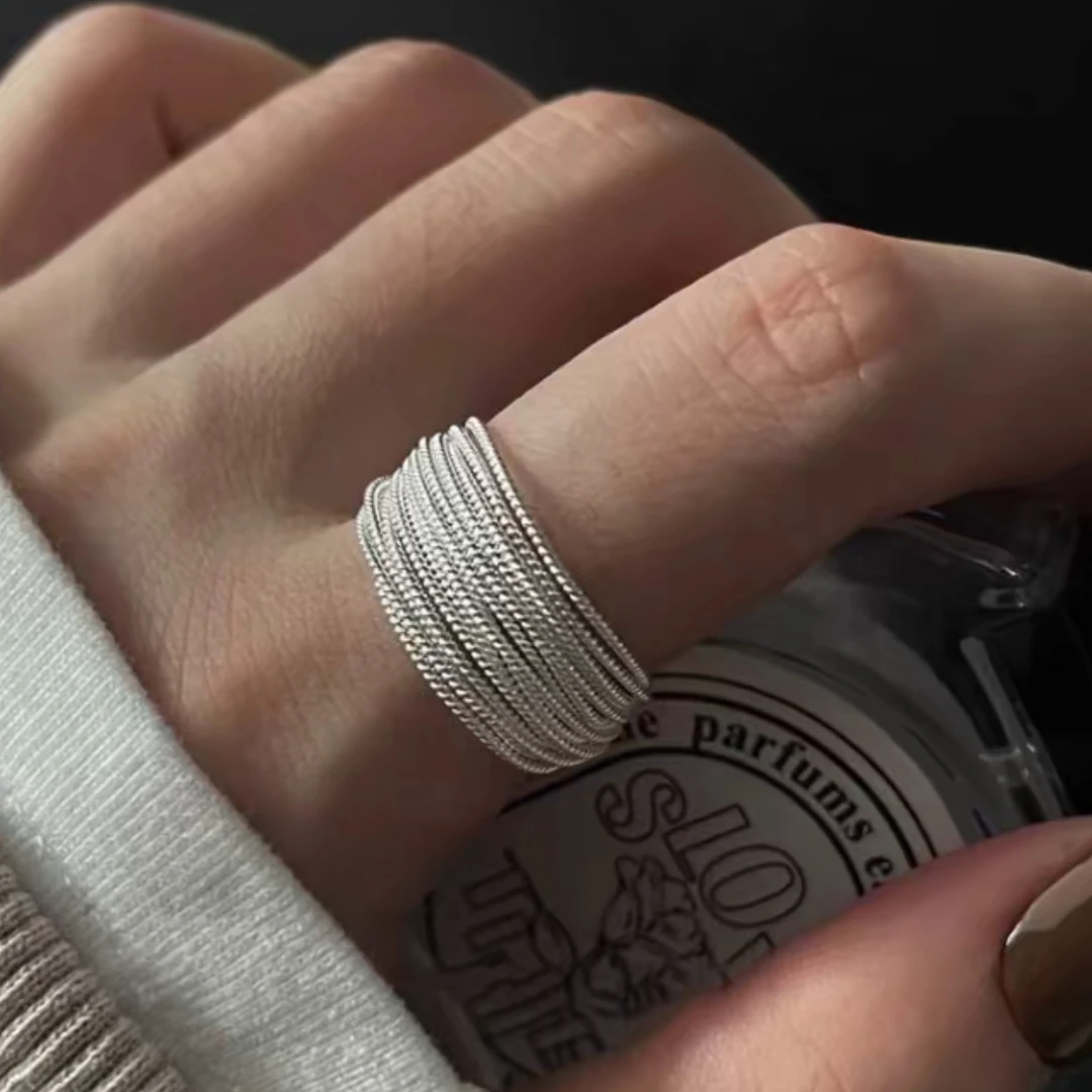 925银戒指 小众法式素白多层银线戒指