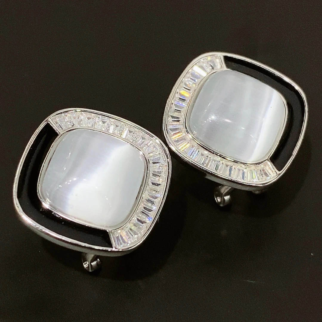 925银合成锆石耳饰 轻奢风菱形黑白拼接合成猫眼石锆石耳排