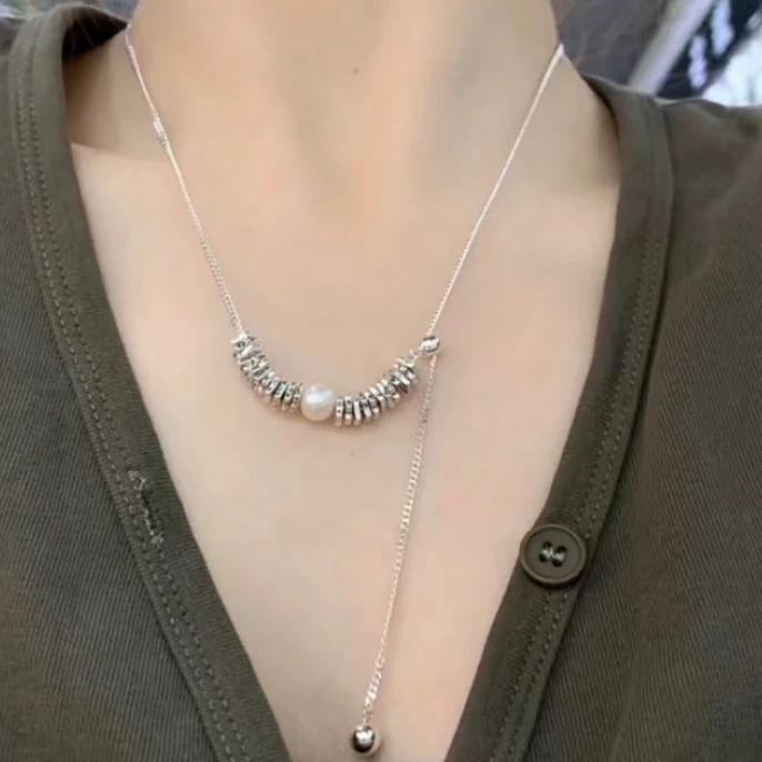 重工五角星碎银子珍珠抽拉项链56cm