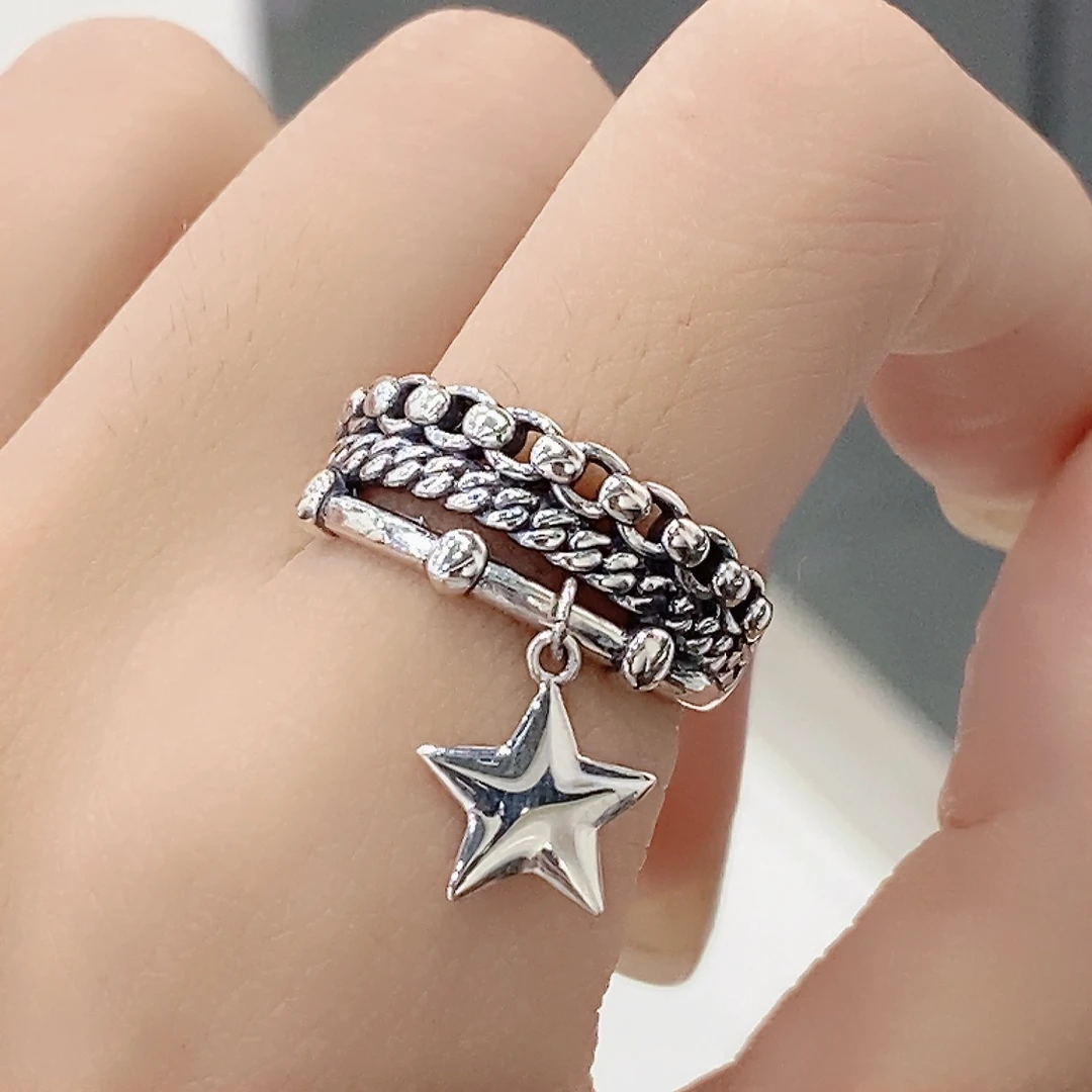 925银戒指 个性韩版五角星吊坠戒指