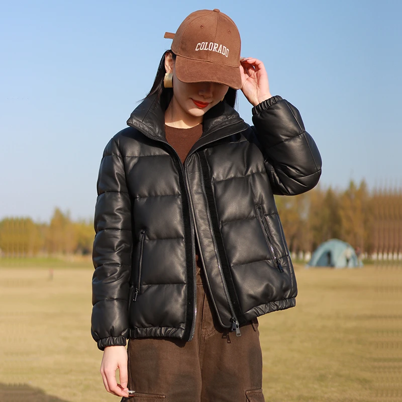 23207【休闲时光】 细柔小绵羊皮 鹅绒 女真皮衣外套羽绒服百搭秋冬