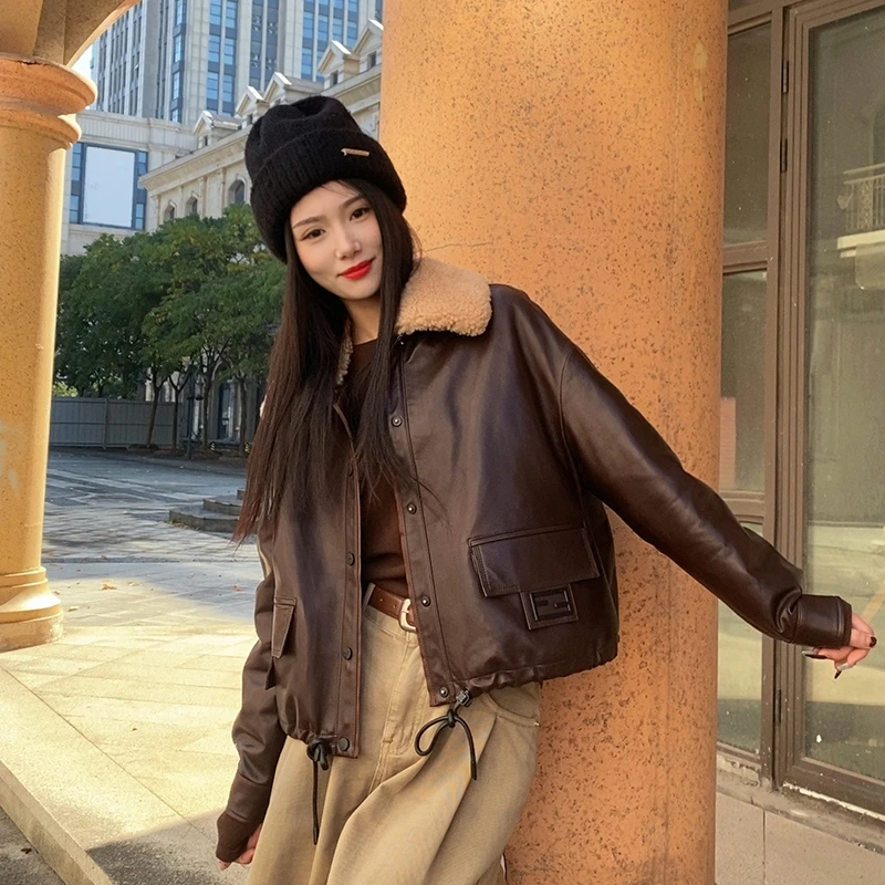 6662【坠入爱河】轻蜡感小羊皮 新国标鹅绒 拉贡羊毛领女真皮衣羽绒