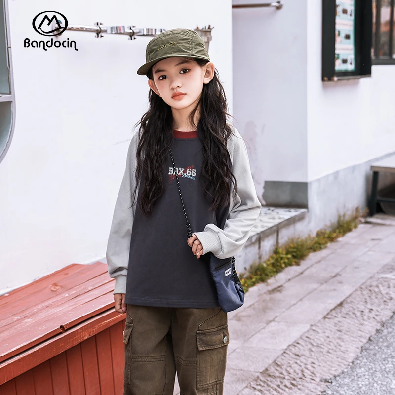 BANDOCIN/半度闲美式复古多巴胺穿搭印花长袖T恤女童宽松撞色上衣