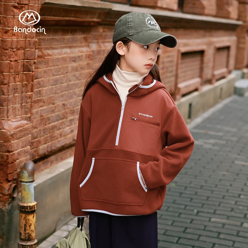 BANDOCIN/半度闲半拉链美式连帽女童卫衣秋冬加厚休闲宽松外套潮