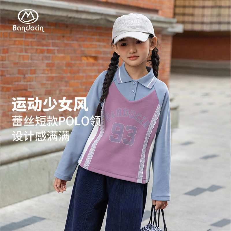 BANDOCIN/半度闲女童蕾丝Polo领长袖T恤秋冬少女风休闲时尚打底衫