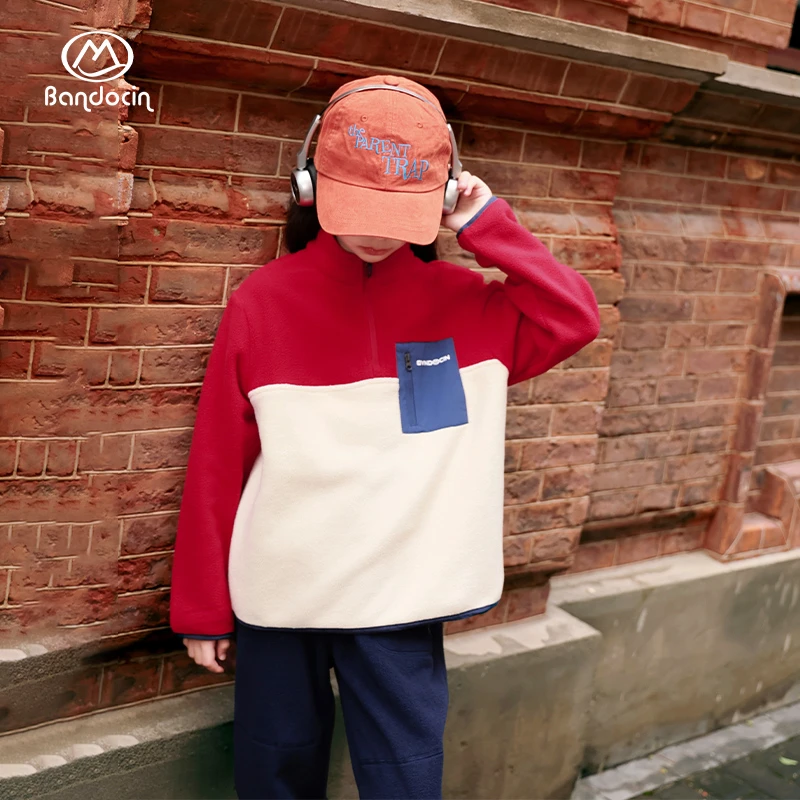 BANDOCIN/抗静电拼色半拉链抓绒衣女童秋冬户外运动保暖宽松卫衣