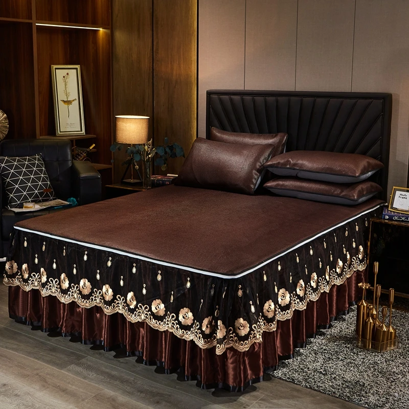 夏季可脱卸床裙式藤席三件套凉感纯色冰丝席凉席可水洗折叠空调席