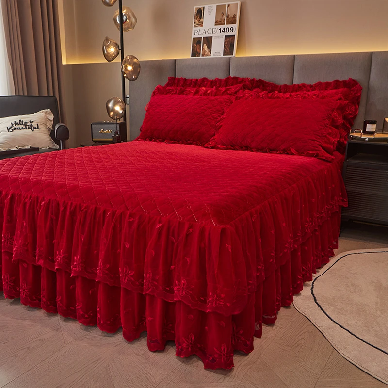 法式纯色水晶绒蕾丝床裙秋冬加厚保暖宝宝绒床罩短毛绒夹棉床盖