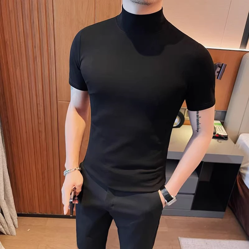 男士夏季短袖t恤紧身纯色体恤修身半高领打底衫