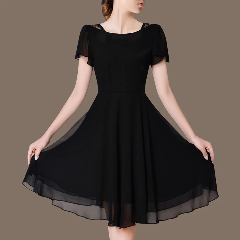 连衣裙2024夏季中裙修身显瘦圆领蕾丝短袖雪纺裙连衣裙女夏B33