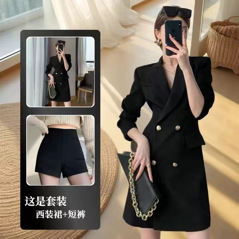 黑色西装连衣裙2025春新款套装高级感收腰修身显瘦气质女神范裙子