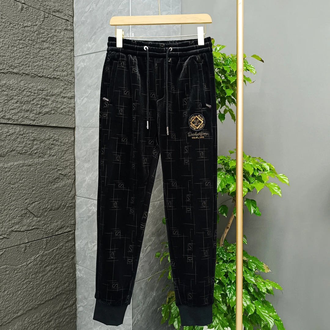 馨文欧品男装冬季金丝绒加绒字母刺绣男保暖过冬松紧腰束脚休闲裤