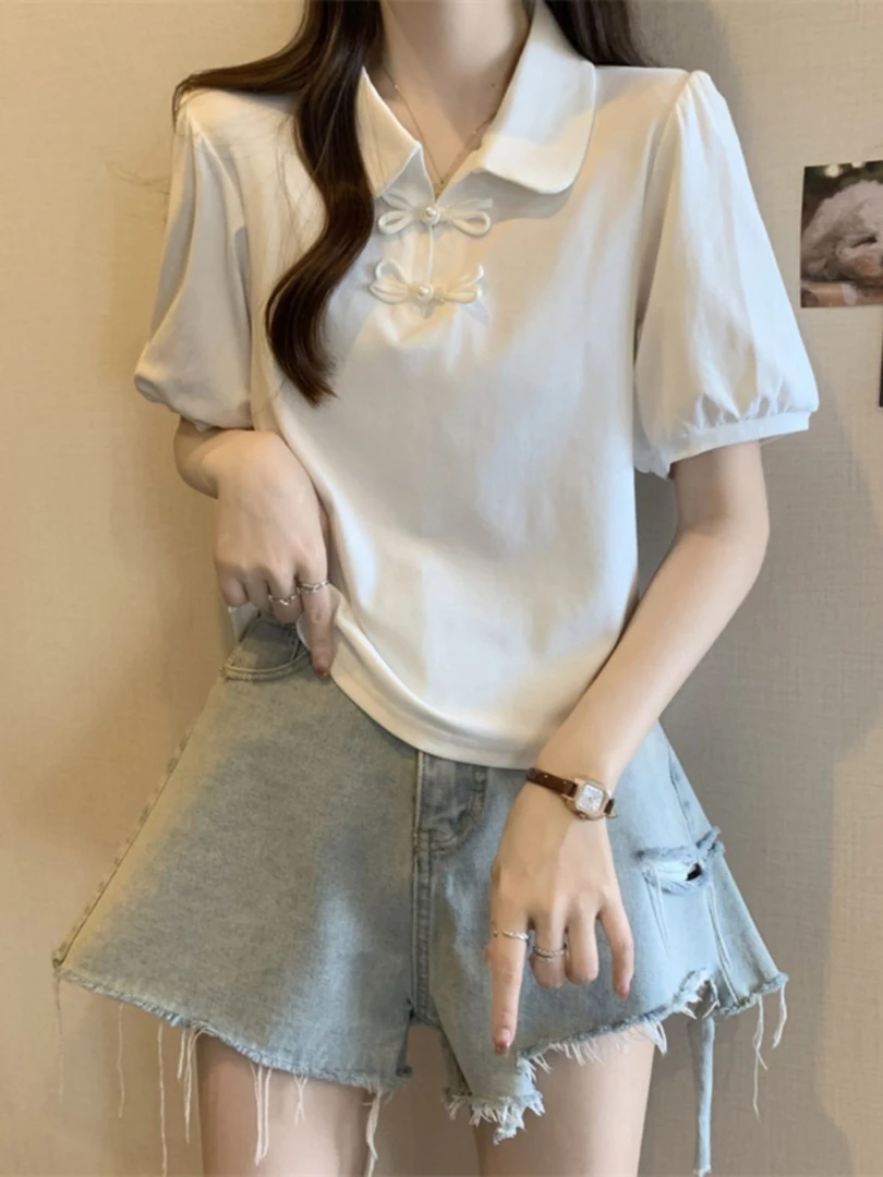 正肩Polo领短袖T恤女夏季大码胖mm显瘦新中式国风上衣泡泡袖小衫
