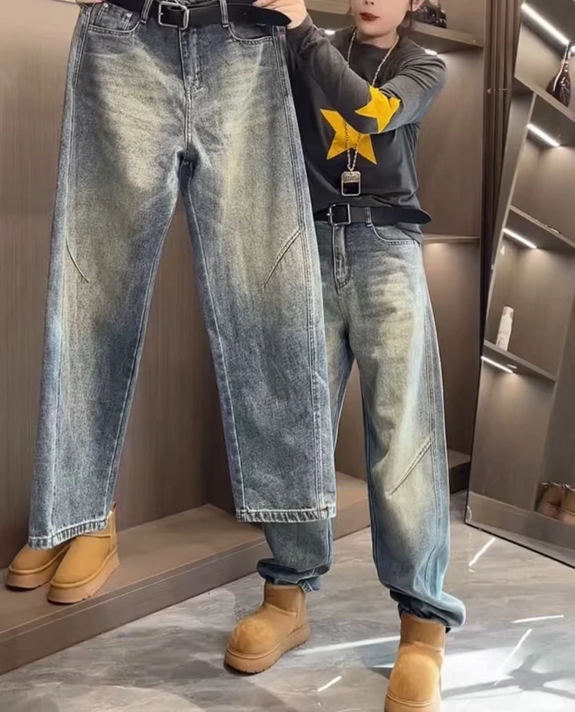 显瘦阔腿牛仔裤子女秋冬新款胖mm大码弯刀加绒加厚直筒拖地裤