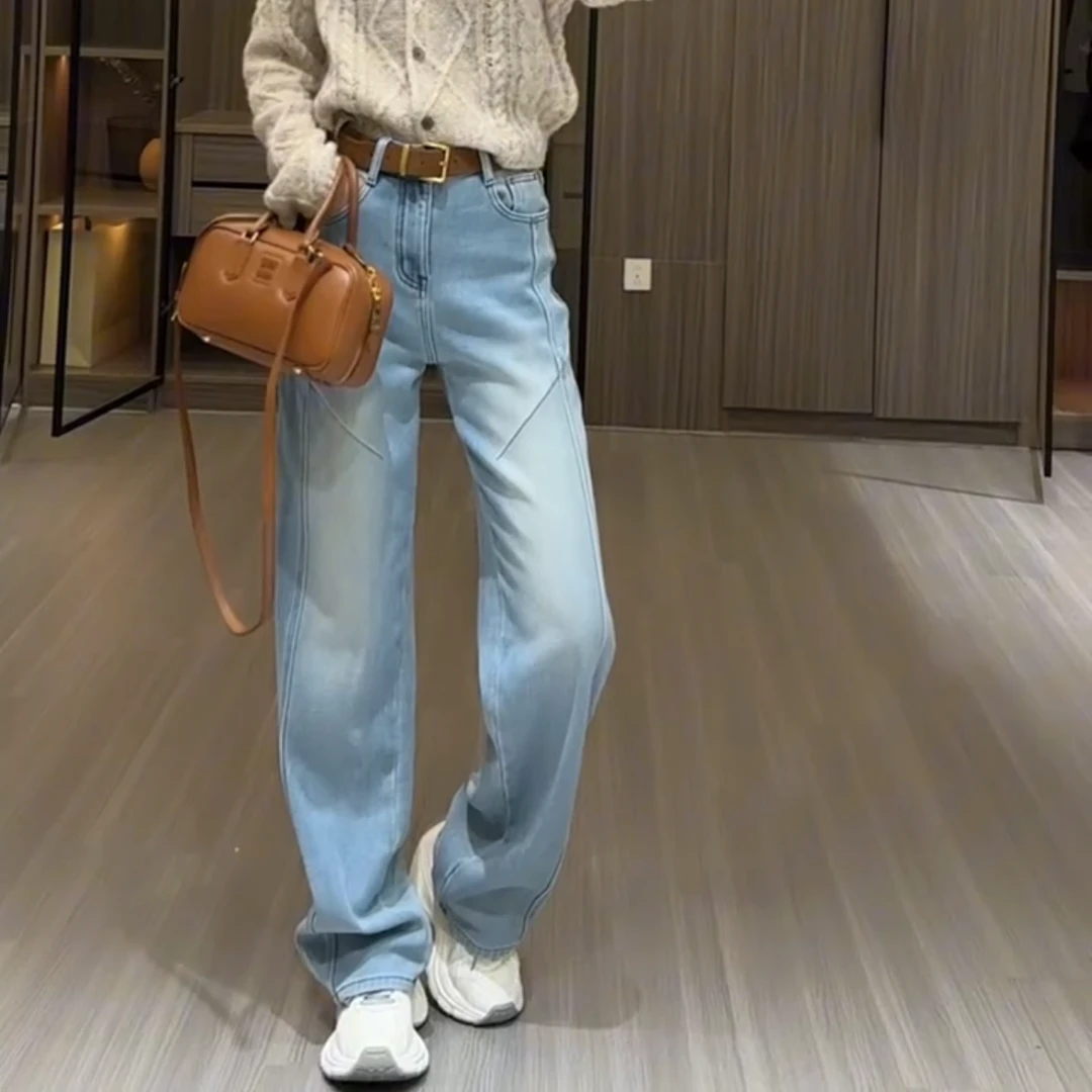 梨形身材显瘦牛仔裤女秋冬季大码弹力加绒加厚修身直筒牛仔裤