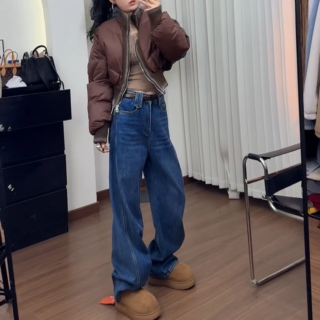 显瘦阔腿牛仔裤子女秋冬新款胖mm宽松大码加绒加厚直筒拖地裤