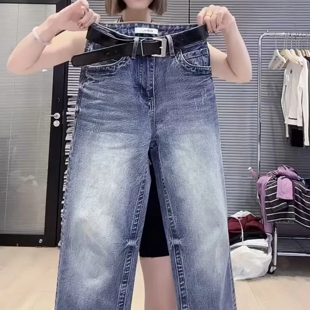 秋冬新款加绒加厚渐变别致显瘦阔腿牛仔裤高腰显瘦大码直筒牛仔裤