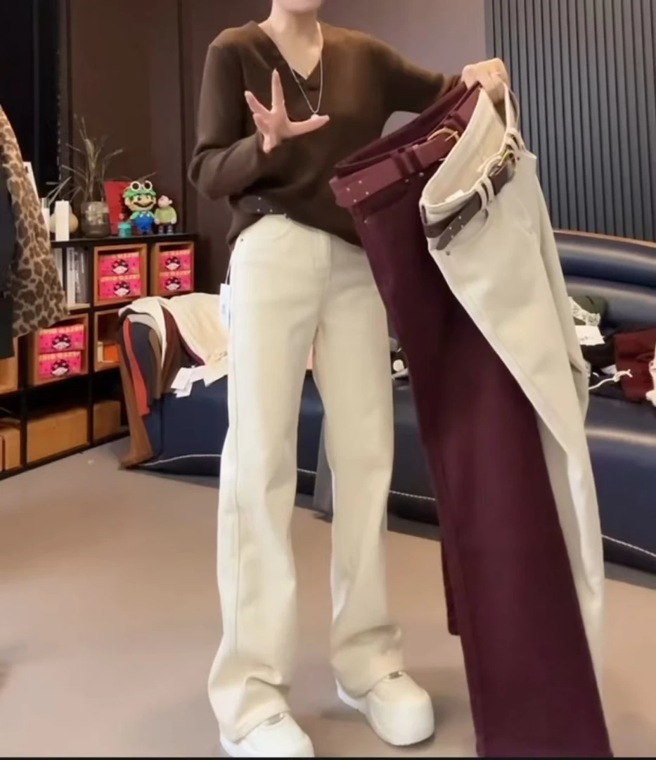 秋冬新款胖mm大码弯刀加绒加厚直筒拖地裤显瘦阔腿牛仔裤女