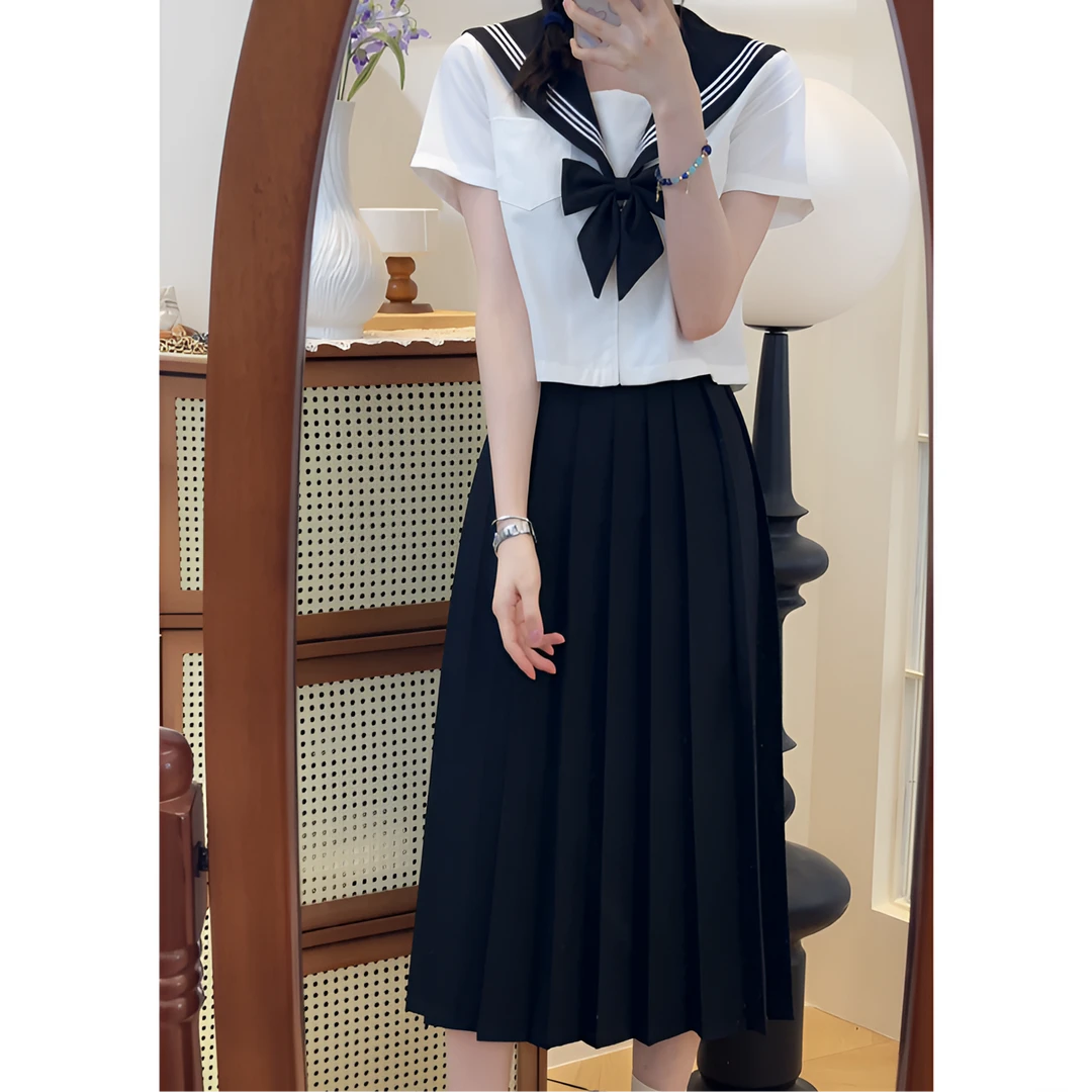 黑领白三本水手服日系jk制服基础款百褶裙长裙学院风套装毕业季
