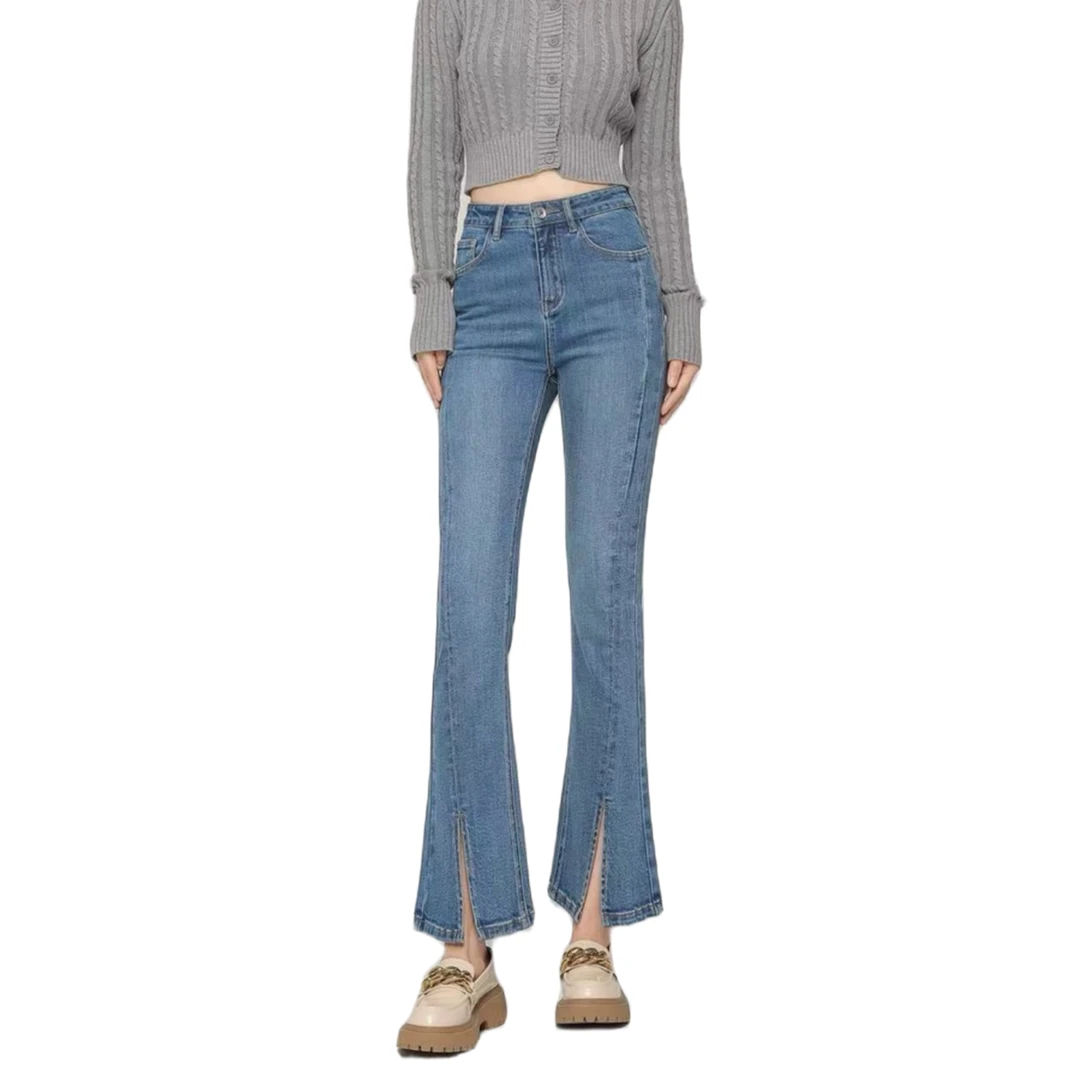 A-10【理】开叉牛仔裤女高腰九分微喇裤春夏季薄款喇叭裤