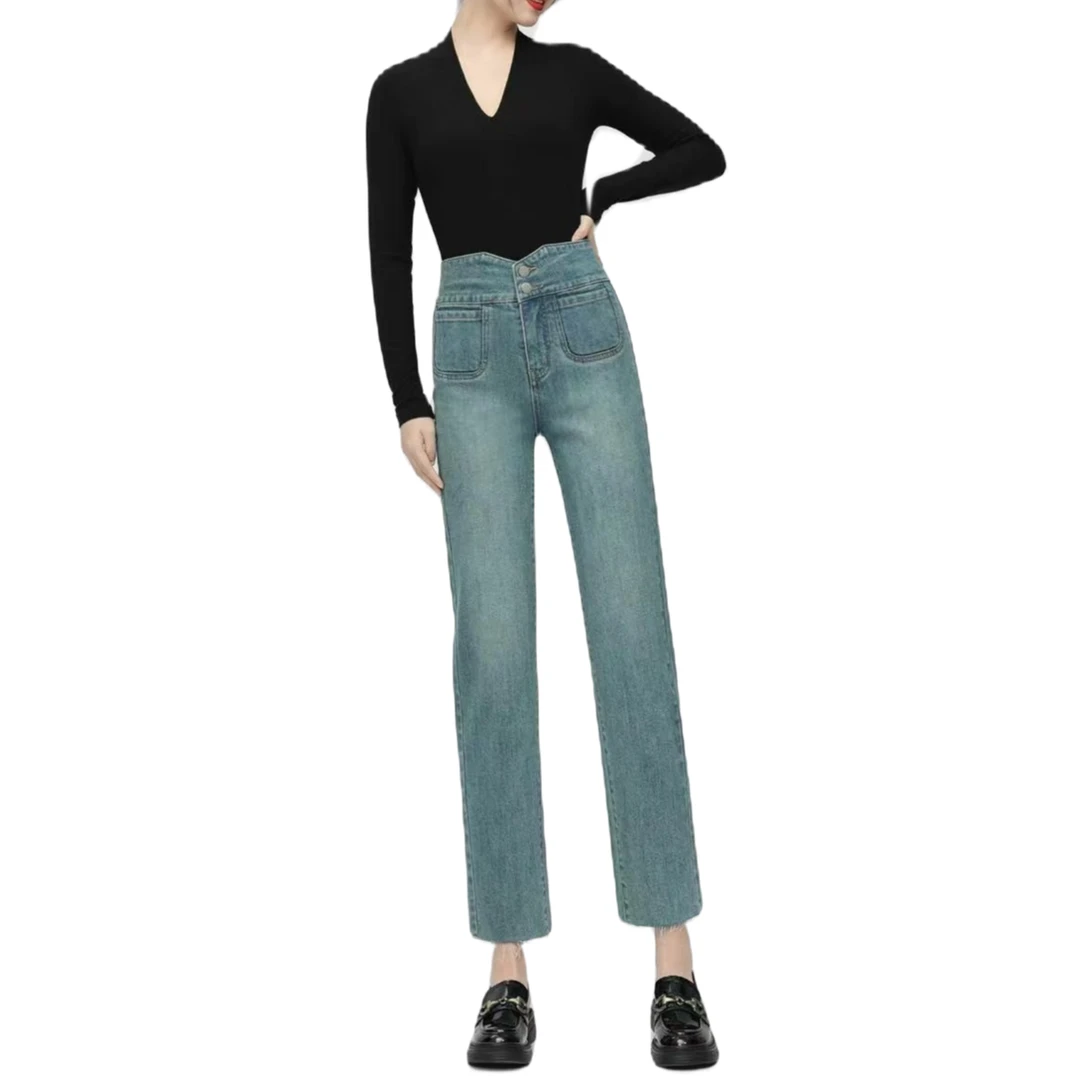 A-12【仙】浅蓝色高腰牛仔裤女宽松九分春季新款烟管小个子直筒裤