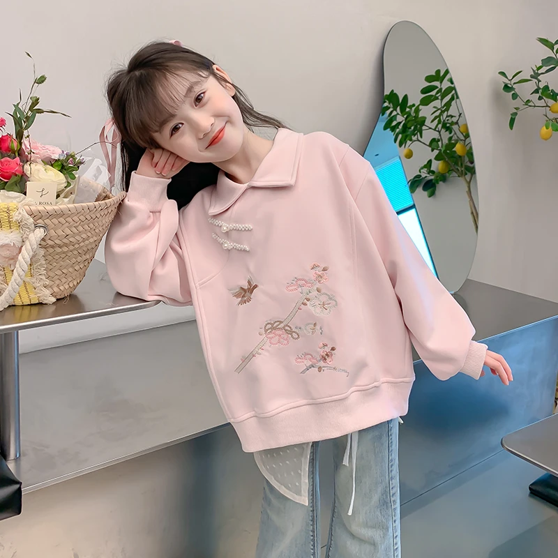 女童卫衣春装绣花儿童小女孩春秋季洋气时髦国风翻领长袖上衣大童