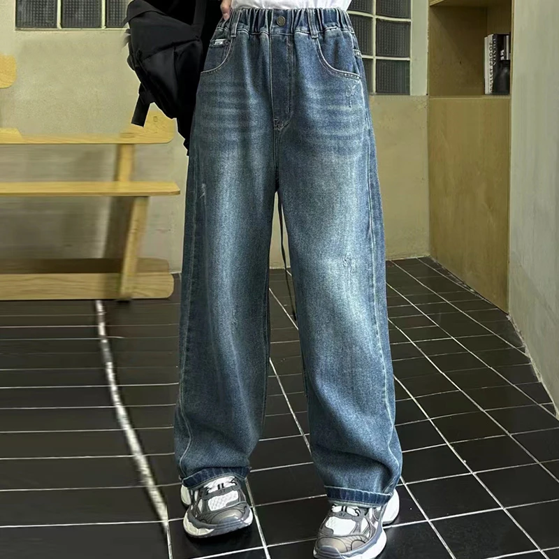 青少年儿童牛仔裤子春秋直筒宽松2023新款洋气女大童秋季百搭长裤