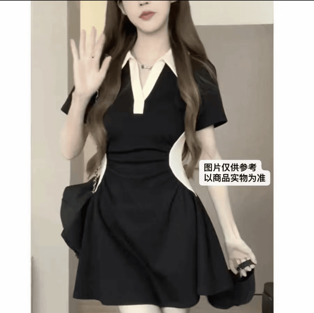 polo裙连衣裙显瘦气质小黑裙夏季收腰设计感小众赫本风撞色时尚