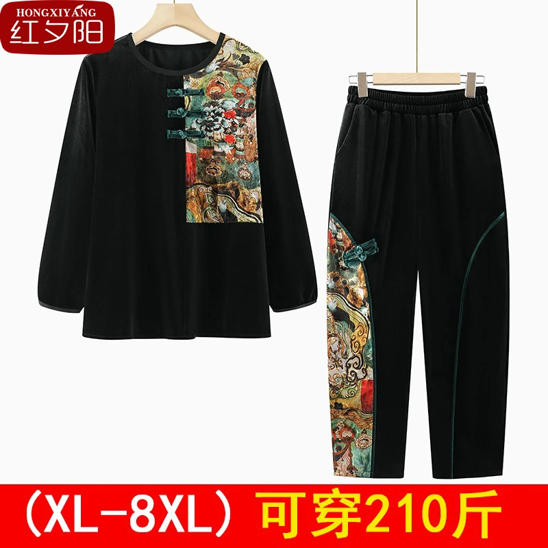 胖妈妈春装200斤加肥加大码女装金丝绒套装中老年阔太显瘦两件套