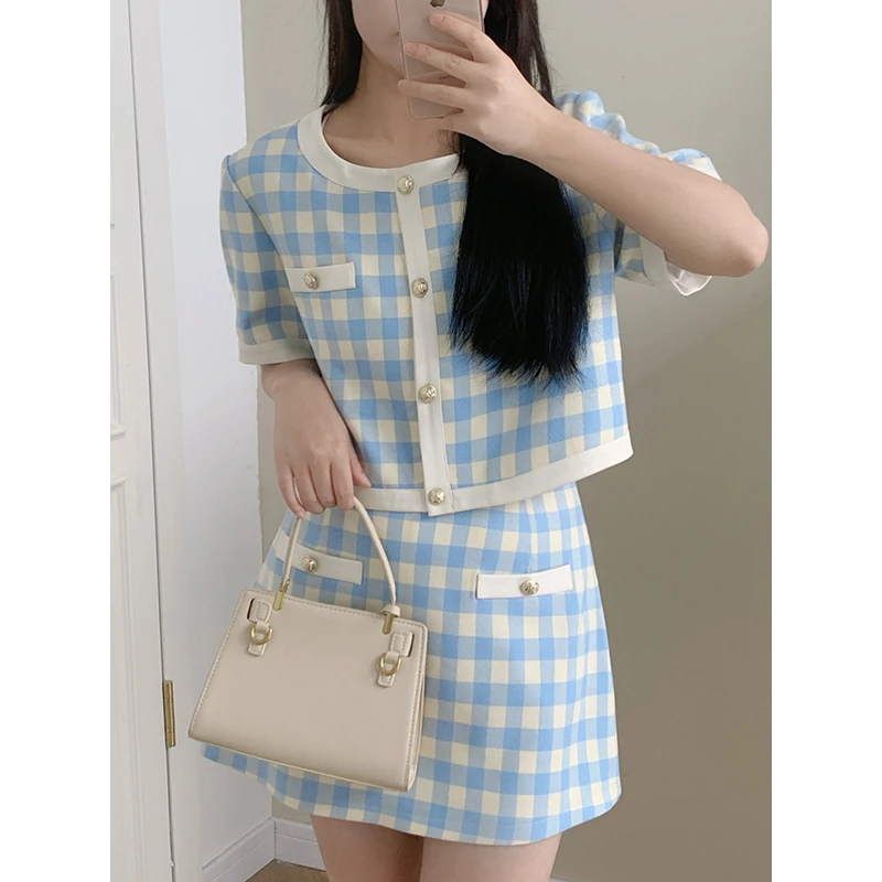 宝莉日志泥美微胖大码女装小香风格子减龄显瘦半身裙两件套装夏季