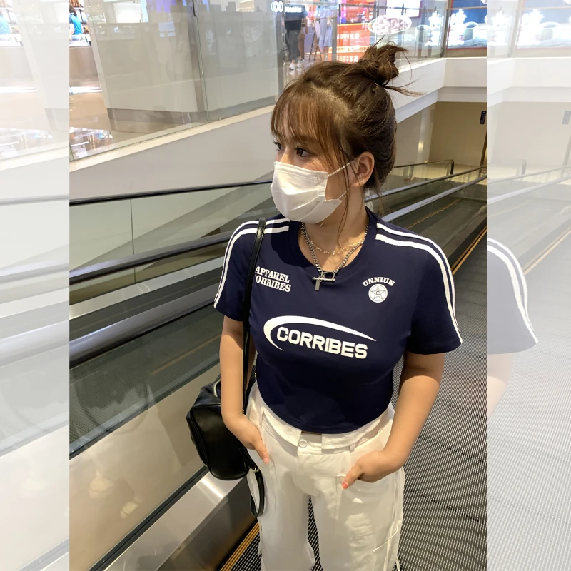 甜辣妹撞色短袖T恤女夏季美式复古高街设计感小众微胖大码2024