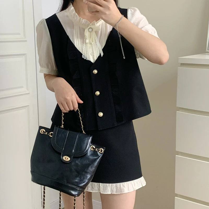 宝莉日志泥美微胖大码女装简约学院风显瘦上衣木耳边半裙两件套夏