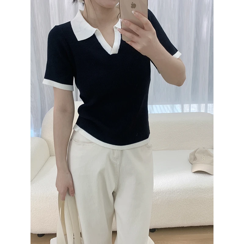 胖mm显瘦薄款针织小衫夏季减龄polo领短袖T恤女微胖大码遮肚上衣