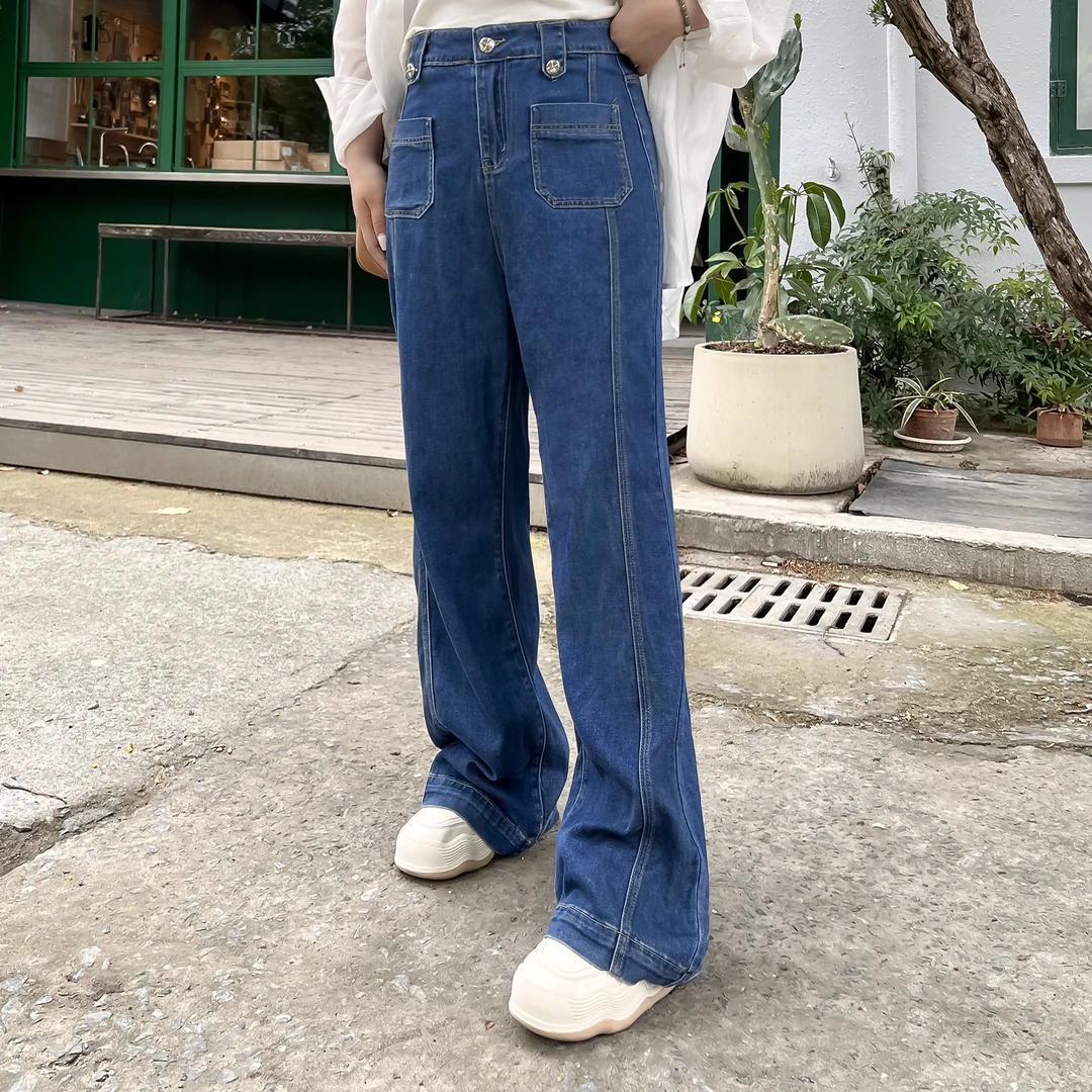 【宝莉日志-蓝调布鲁斯】阔腿裤垂感23夏微胖大码显瘦牛仔裤女